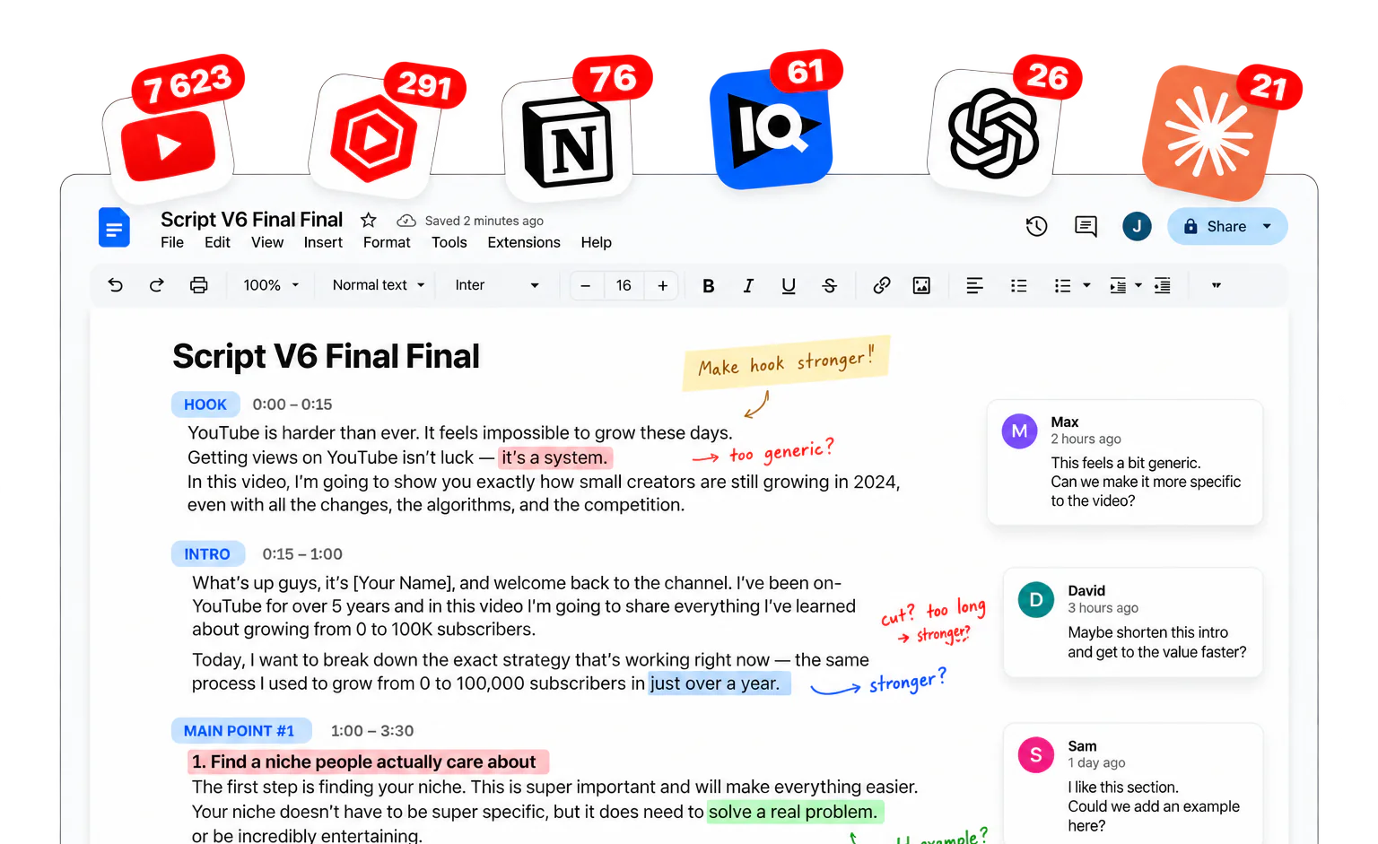 A heavily revised video script surrounded by research and productivity apps